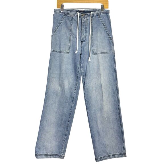 Vintage Polo Ralph Lauren Drawstring Wide Leg Jeans Womens 8 Utility Button Fly - Picture 1 of 9